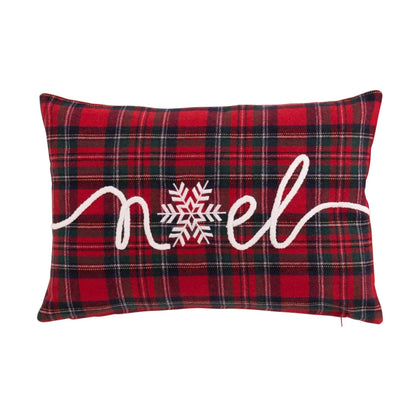 Kussen Noel van J-Line, rood geruit kussen van 45x30 cm met Noel in wit borduursel