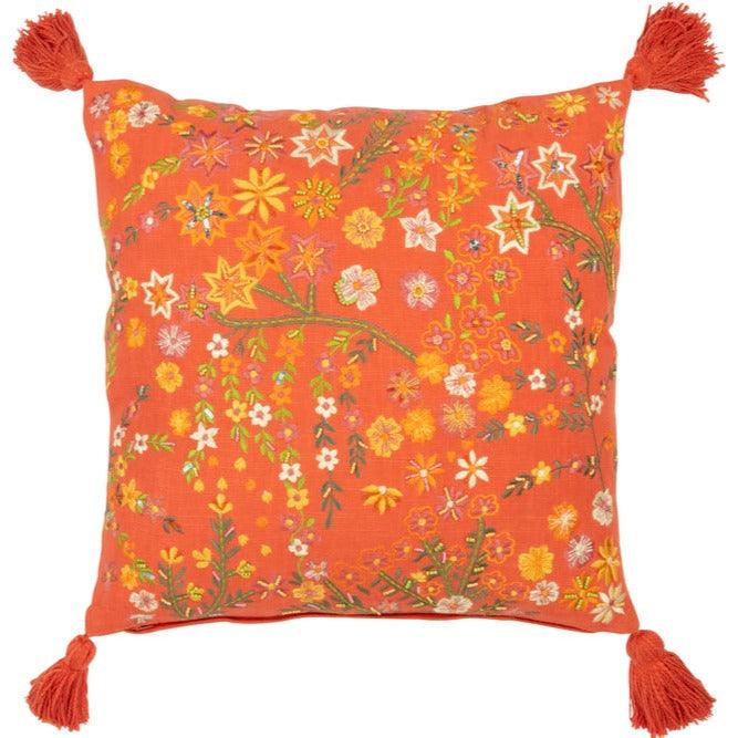 Kussen Vierkant Bloemen + Kwastjes Katoen Oranje - Kussen - J-Line - livinglovely.nl