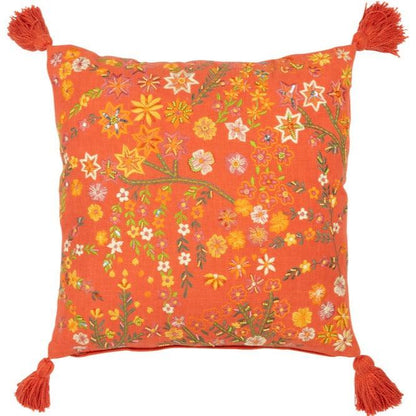 Kussen Vierkant Bloemen + Kwastjes Katoen Oranje - Kussen - J-Line - livinglovely.nl