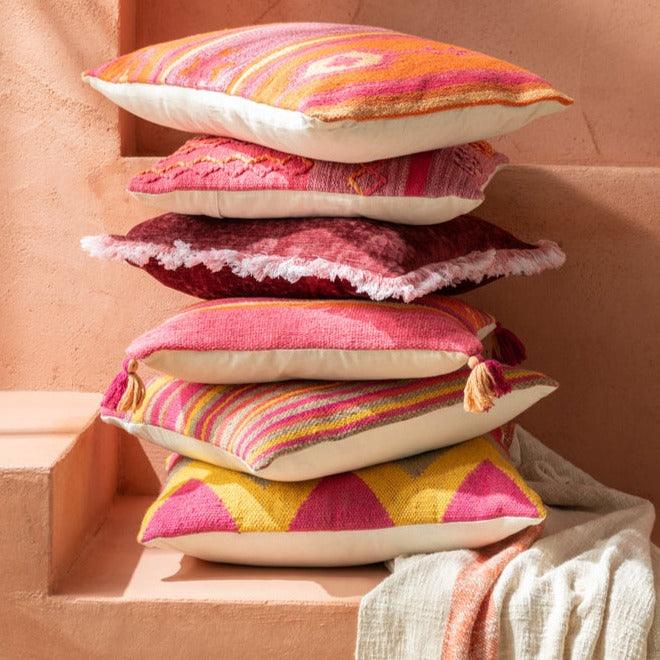 Kussen Vrolijk Etnisch Gevlochten Vierkant Katoen Roze / Paars - Kussen - J-Line - livinglovely.nl