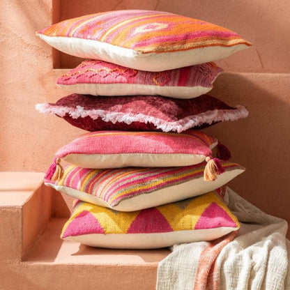 Kussen Vrolijk Etnisch Gevlochten Vierkant Katoen Roze / Paars - Kussen - J-Line - livinglovely.nl