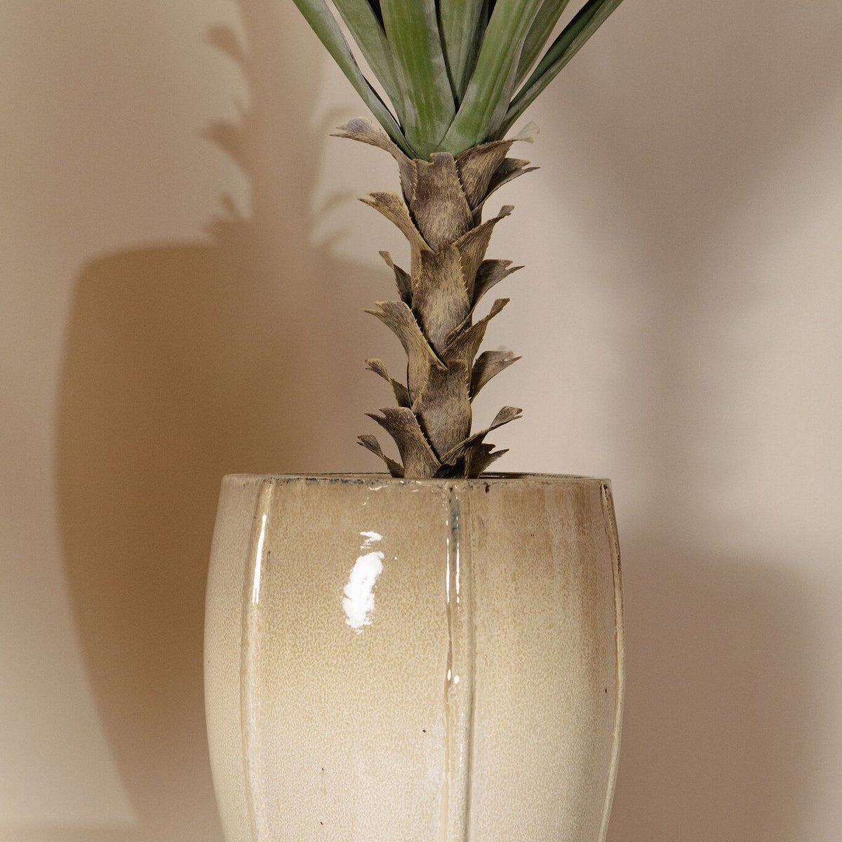 Labella keramieken potten van PTMD in een interieur, beige ronde potten met beplanting