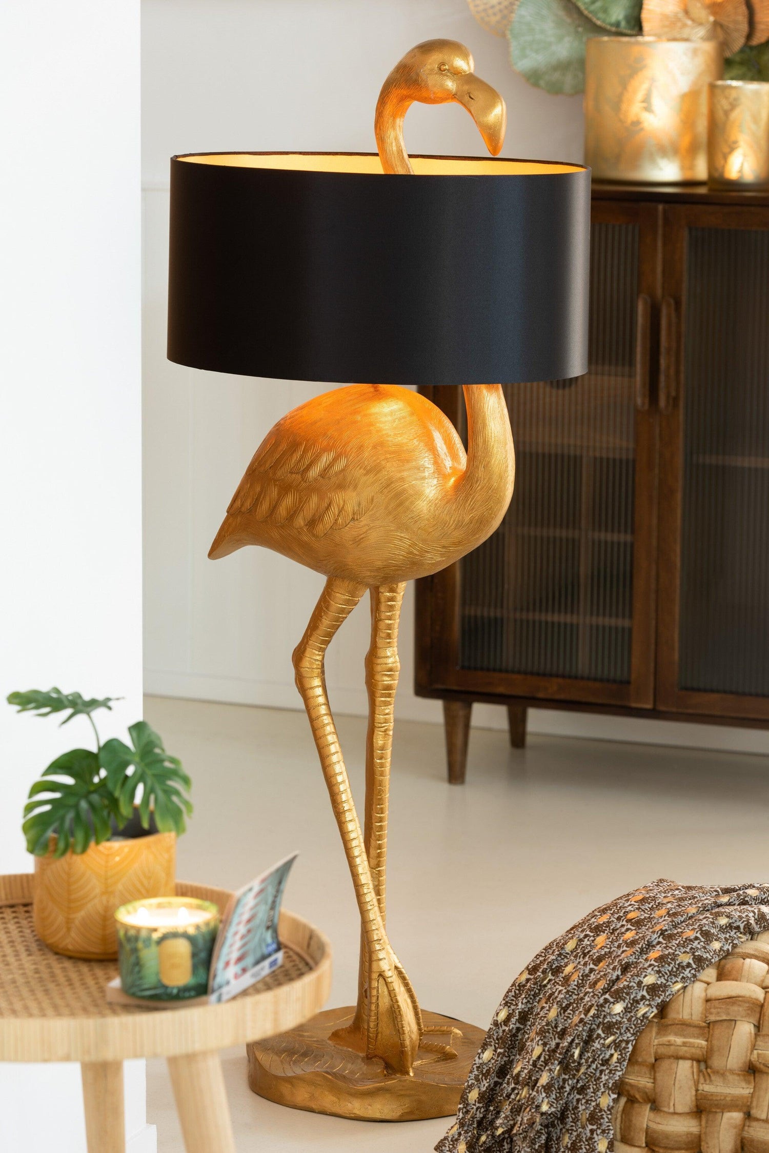 Lamp Flamingo Poly Gold/Black , Vloerlamp , J-Line , livinglovely.nl