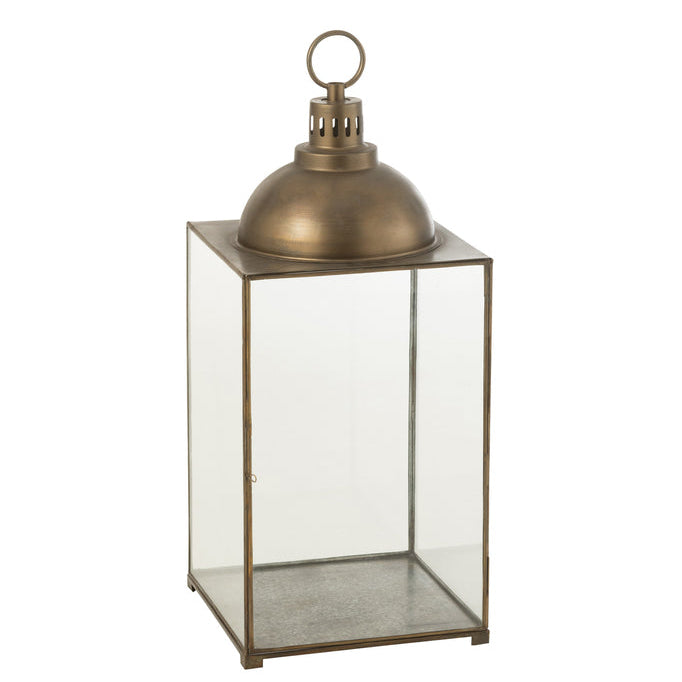 Lantaarn Hagrid Brons Medium van J-Line, bronskleurige lantaarn van glas en ijzer van 85cm hoog