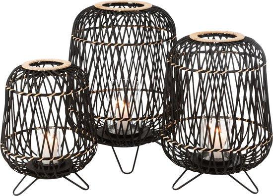 Lantaarn Op Voet Bamboe Zwart/Naturel Medium - Lantaarn - J-Line - livinglovely.nl