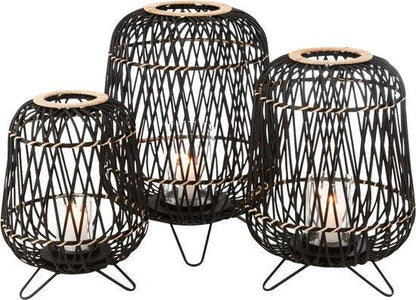 Lantaarn Op Voet Bamboe Zwart/Naturel Medium - Lantaarn - J-Line - livinglovely.nl