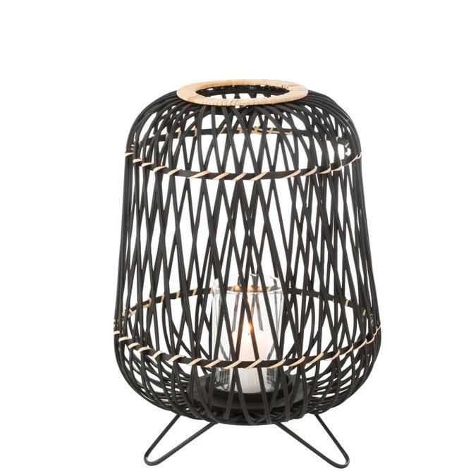 Lantaarn Op Voet Bamboe Zwart/Naturel Medium - Lantaarn - J-Line - livinglovely.nl