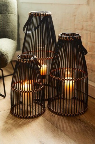Lantaarn Skagen - Bamboe / Glas - Zwart Set van 3 Pomax - Lantaarn - Pomax - livinglovely.nl