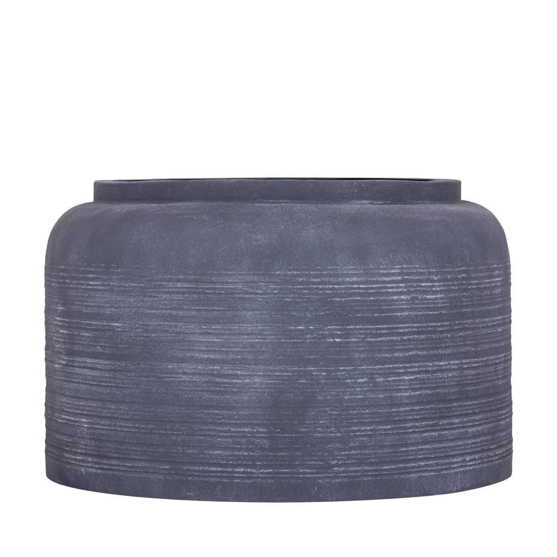 Lavada pot large van PTMD, brede lage antracietkleurige plantenpot van plaatijzer