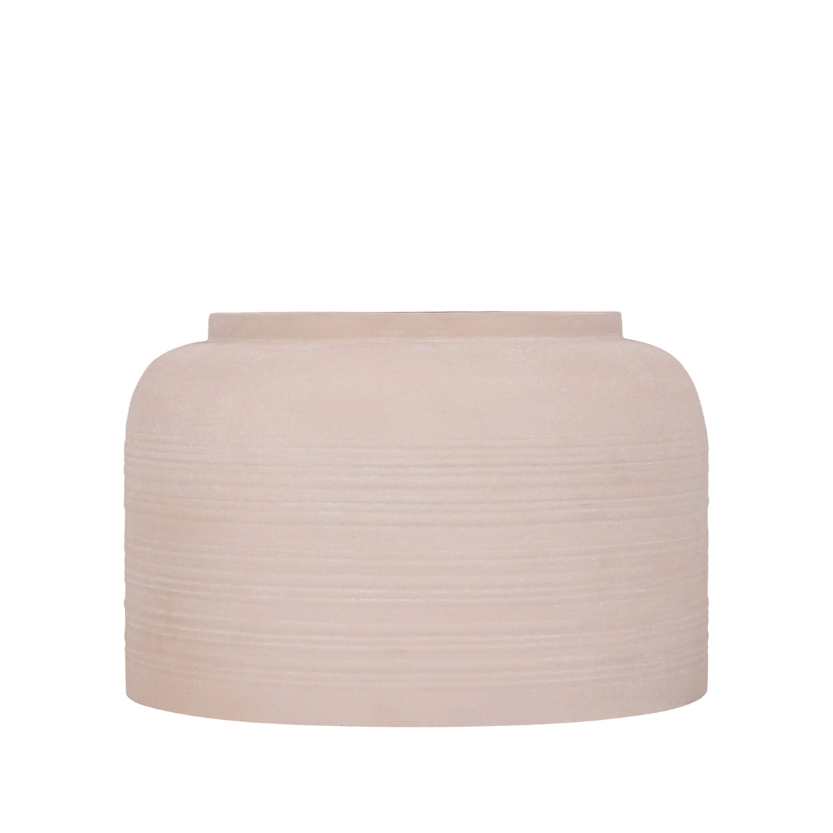 Lavada pot van PTMD, lage brede beige plantenpot van plaatijzer met strepen