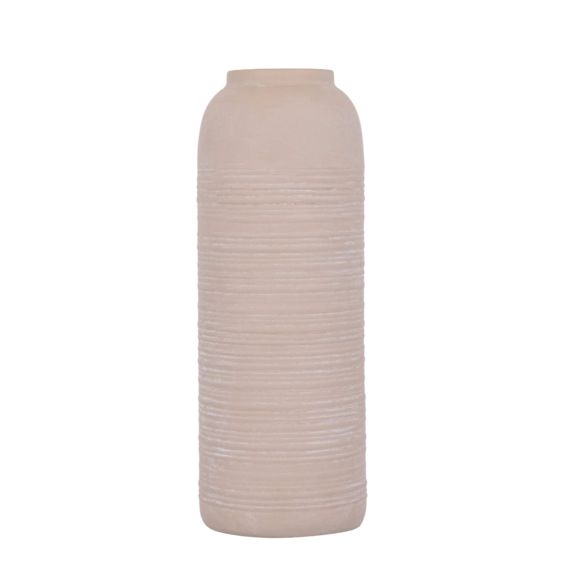 Lavada vaas large van PTMD, hoge beige vaas van plaatijzer met strepen