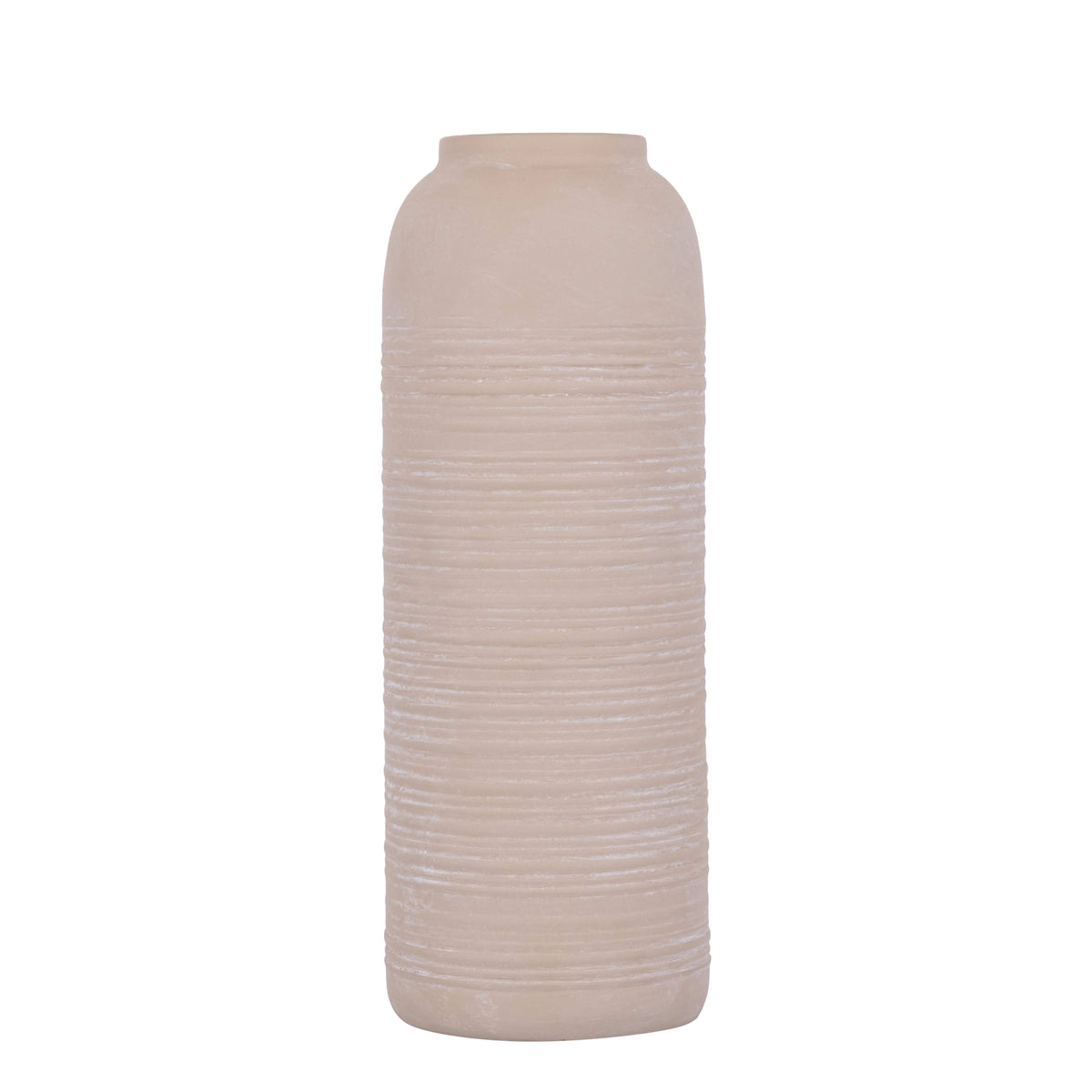 Lavada vaas large van PTMD, hoge beige vaas van plaatijzer met strepen