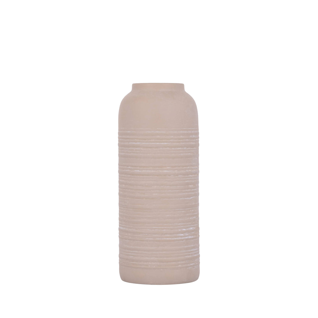 Lavada vaas van PTMD, slanke beige vaas van plaatijzer met fijne strepen