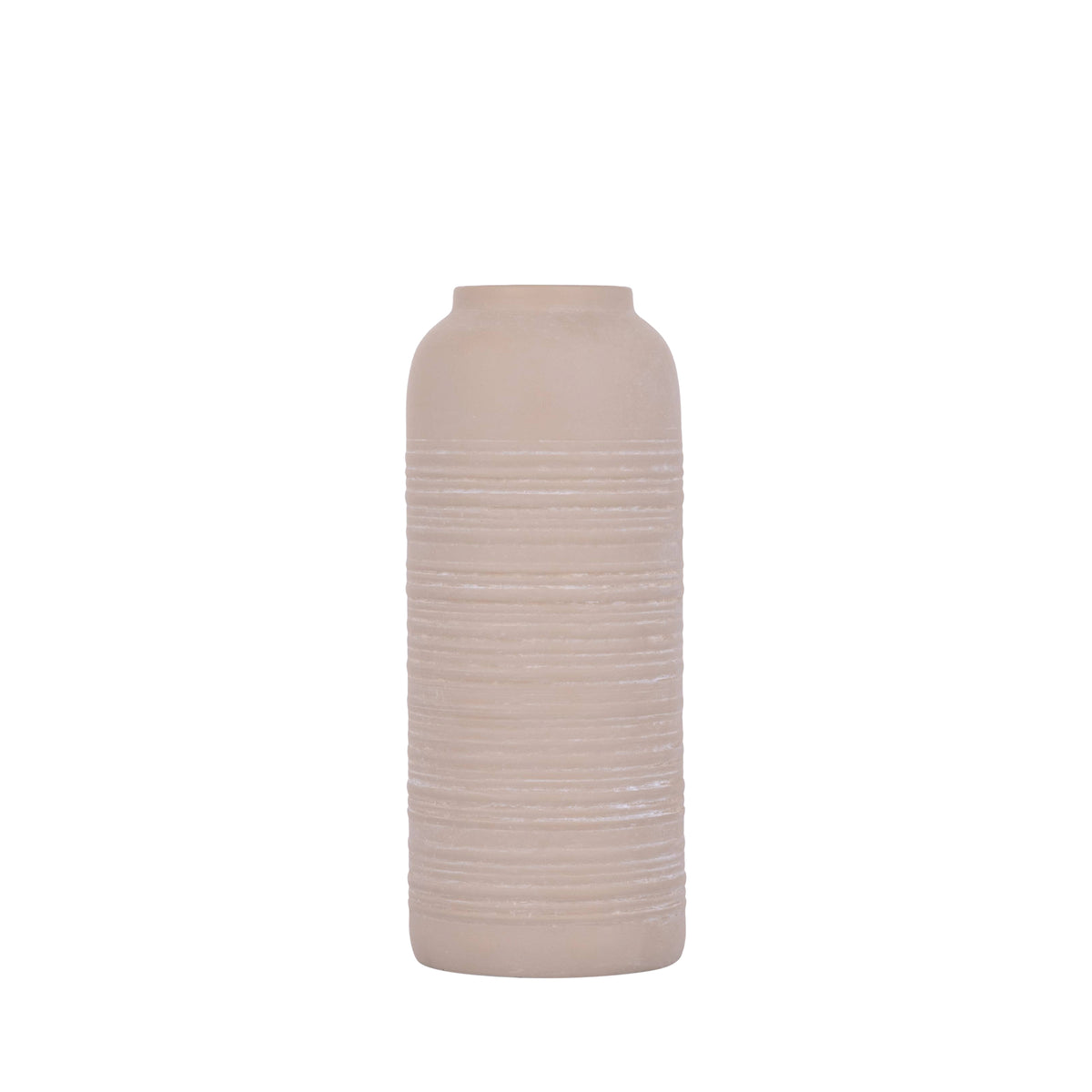 Lavada vaas van PTMD, slanke beige vaas van plaatijzer met fijne strepen