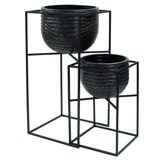 Lesley Black Brush Alu Pot On Black Iron Stand SV2 PTMD , Vaas/pot/kruik , PTMD , livinglovely.nl