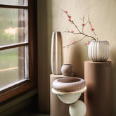Levente Sand Carved Glass Round Vase Ribbed High Dia17x60cm PTMD - Vaas - PTMD - livinglovely.nl