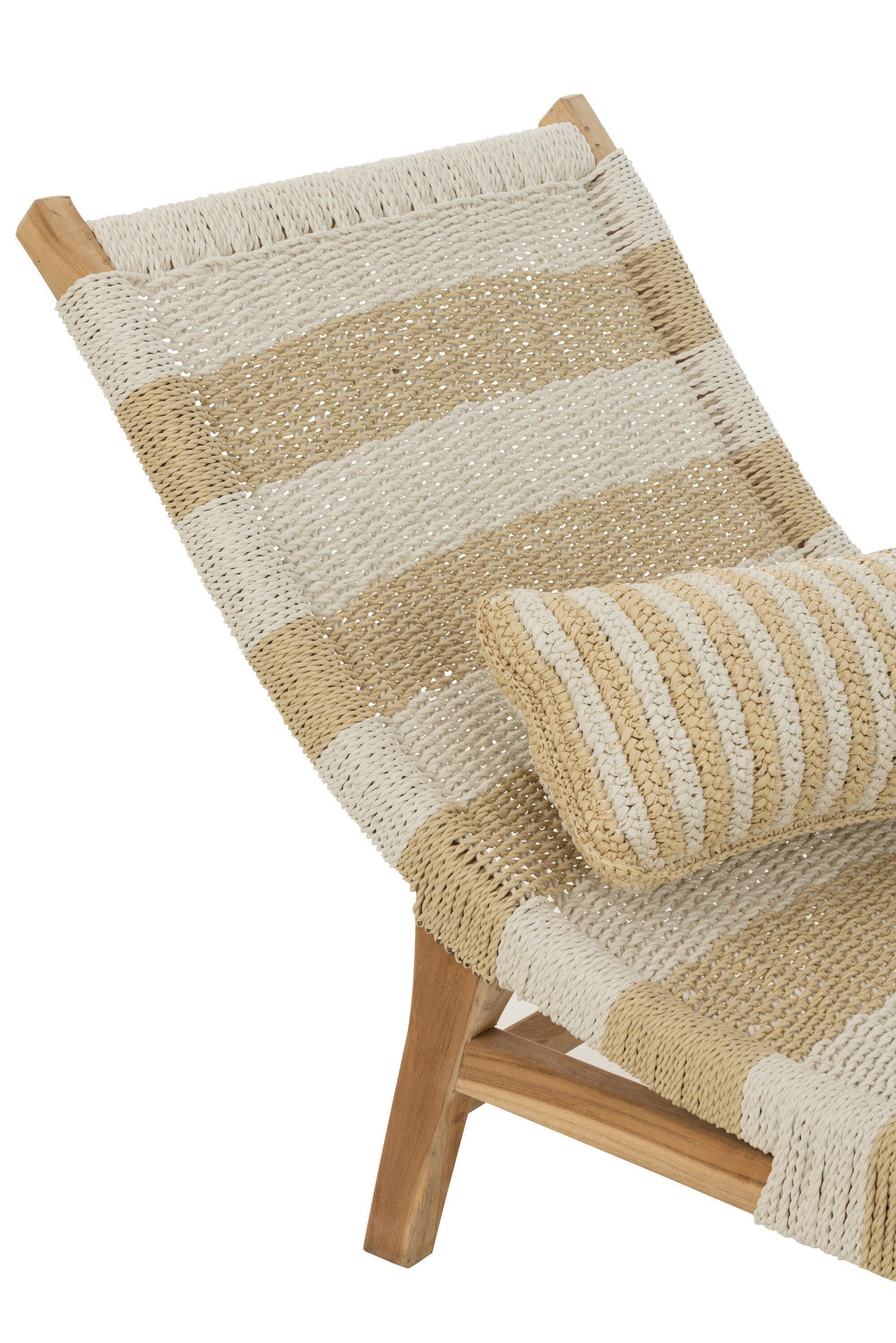 Ligbed + Kussen Strepen Geweven Plastiek/Teak Wit/Naturel - Ligbed - J-Line - livinglovely.nl