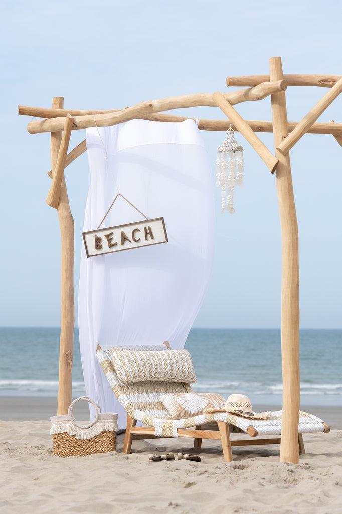 Ligbed + Kussen Strepen Geweven Plastiek/Teak Wit/Naturel - Ligbed - J-Line - livinglovely.nl