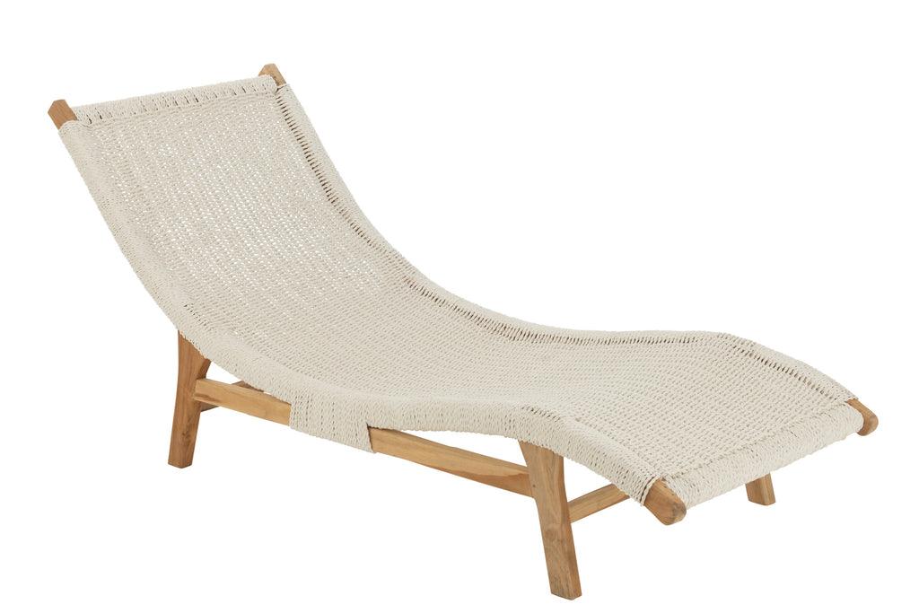 Ligstoel + Kussen Geweven Plastiek/Teak Wit - Ligbed - J-Line - livinglovely.nl