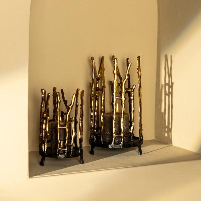 livinglovely.nl - Aike Windlicht - Ø20x36cm - Aluminium - Goud Set van 2 PTMD - Kaarshouder - PTMD - livinglovely.nl