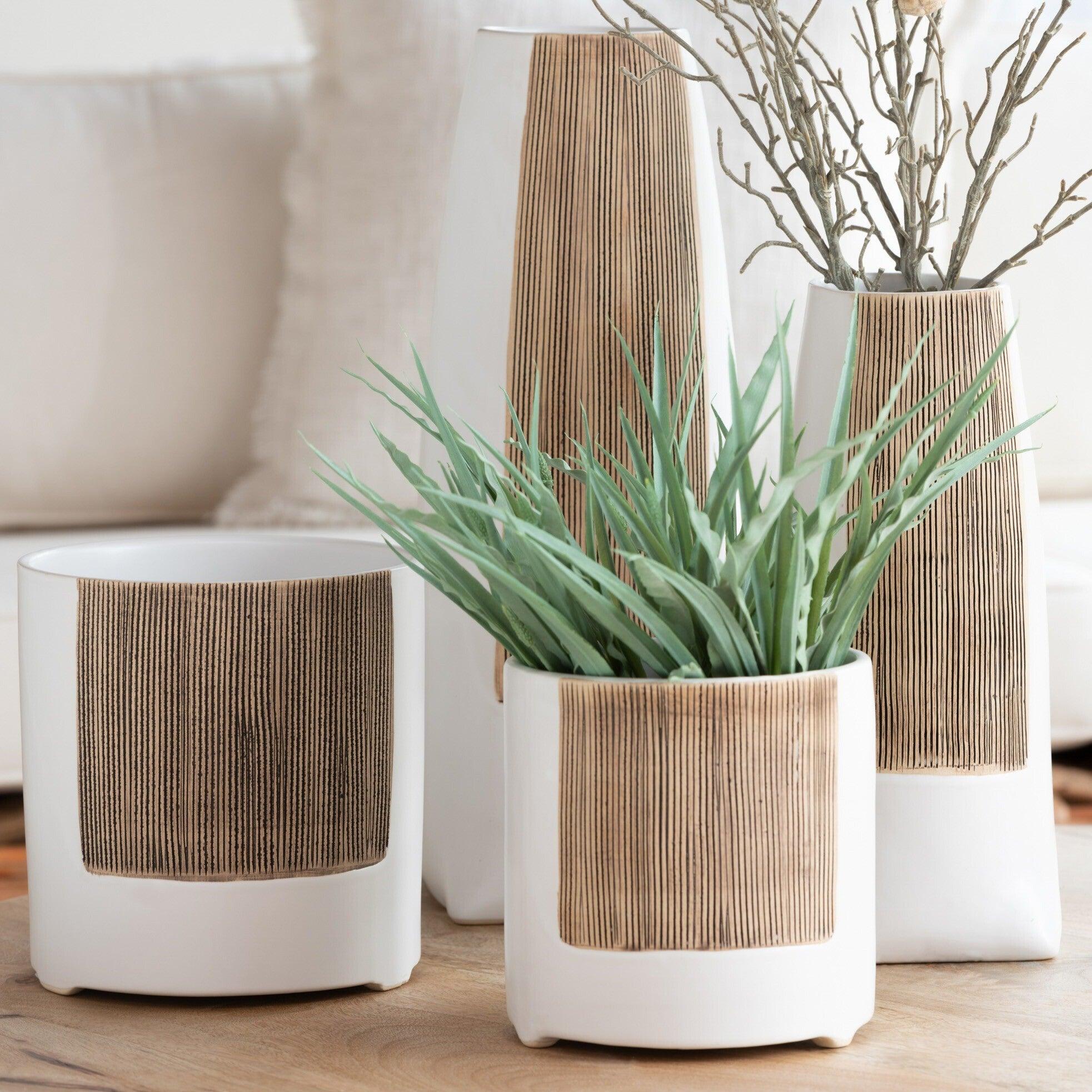 livinglovely.nl - Bloempot Ibiza Rond Keramiek Wit/Bruin Large - Pot - J-Line - livinglovely.nl