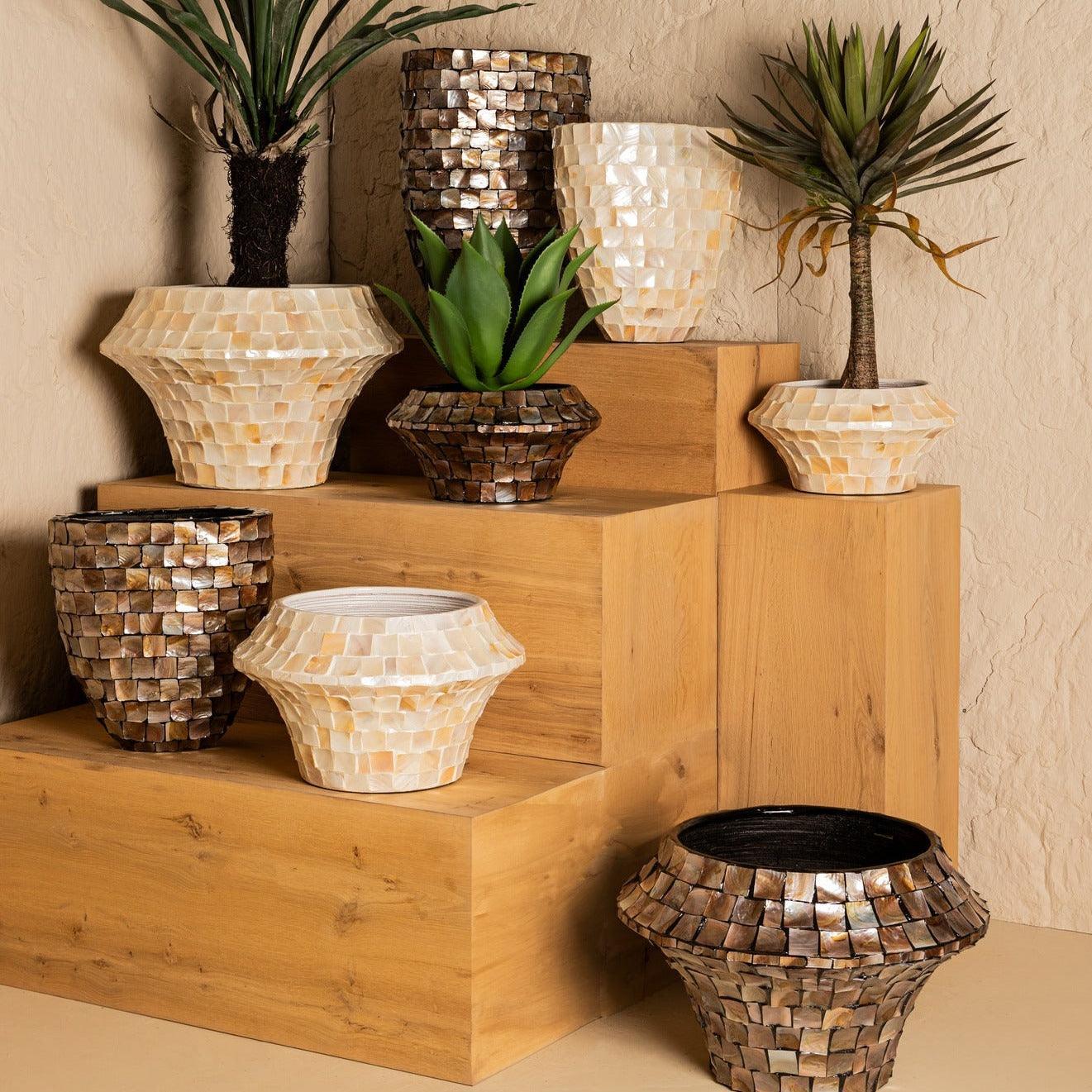 livinglovely.nl - Daven Cream Poly Shell Bamboo Pot Rond Low Large PTMD - Pot - PTMD - livinglovely.nl