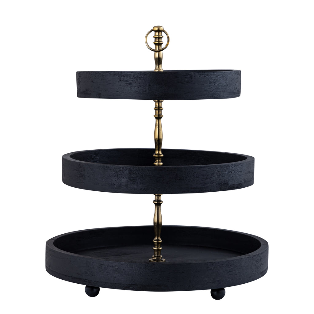 livinglovely.nl - Donal Black mango wood etagiar with 3 levels round PTMD - Keukenaccessoire - PTMD - livinglovely.nl