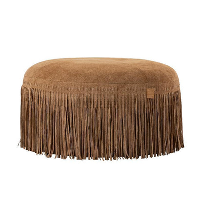 livinglovely.nl - Eleora Camel Suède Leren Poef Fringes Rond Large PTMD - Poef - PTMD - livinglovely.nl