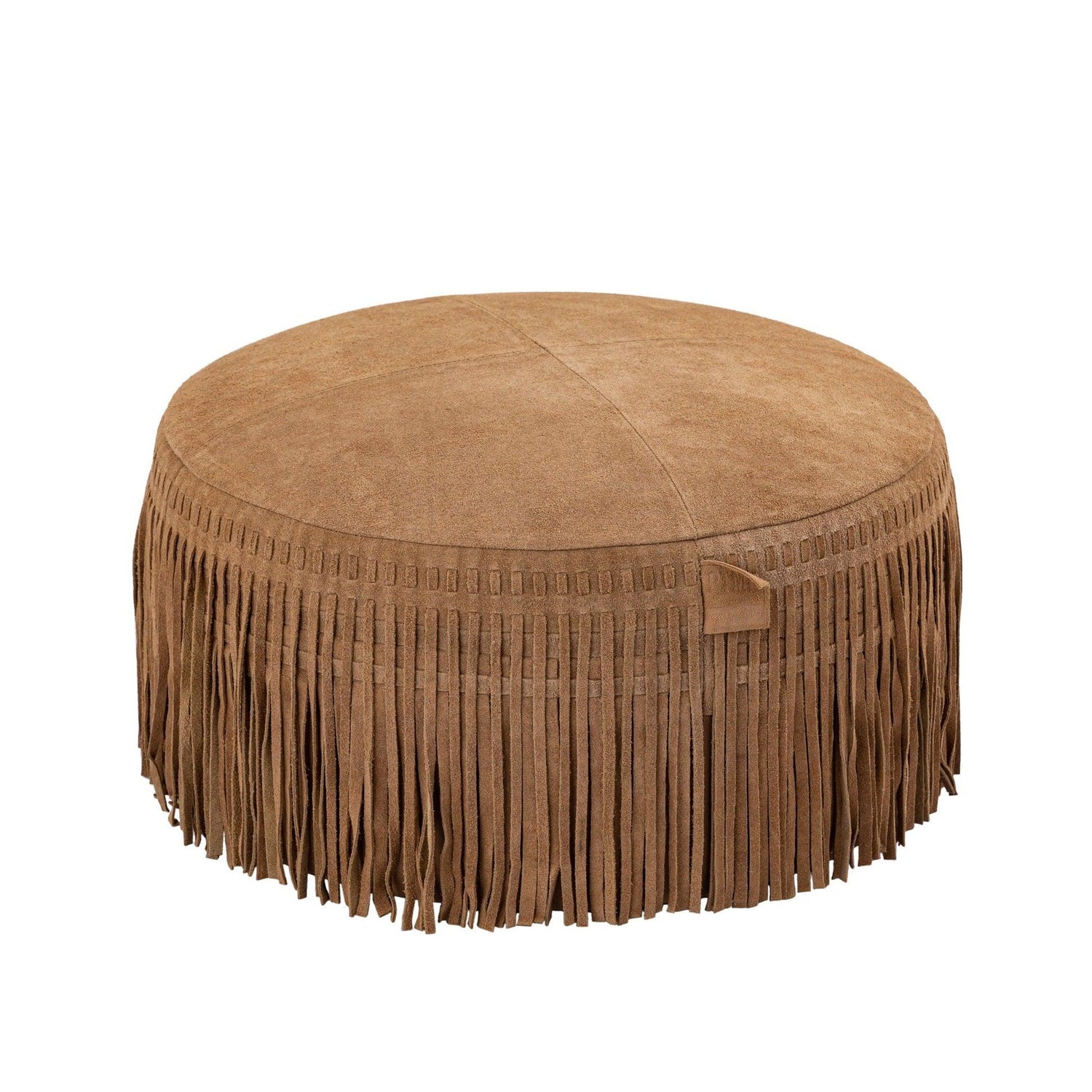 livinglovely.nl - Eleora Camel Suède Leren Poef Fringes Rond Large PTMD - Poef - PTMD - livinglovely.nl