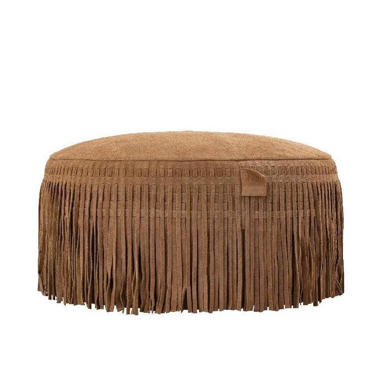 livinglovely.nl - Eleora Camel Suède Leren Poef Fringes Rond Large PTMD - Poef - PTMD - livinglovely.nl