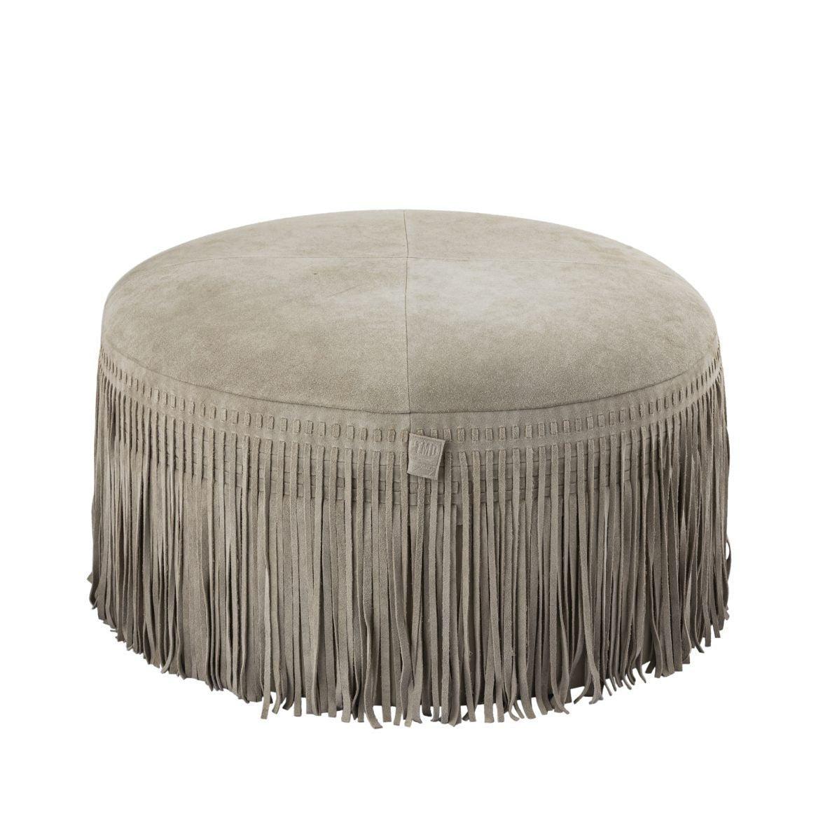 livinglovely.nl - Eleora Taupe Suede Leather Poef Fringes Round PTMD - Poef - PTMD - livinglovely.nl