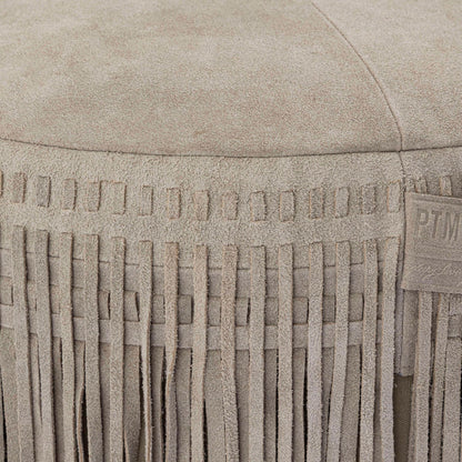 livinglovely.nl - Eleora Taupe Suede Leather Poef Fringes Round PTMD - Poef - PTMD - livinglovely.nl