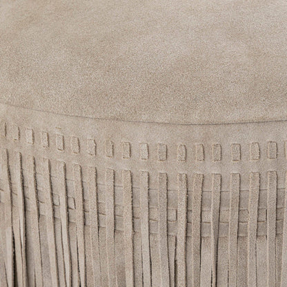 livinglovely.nl - Eleora Taupe Suede Leather Poef Fringes Round PTMD - Poef - PTMD - livinglovely.nl