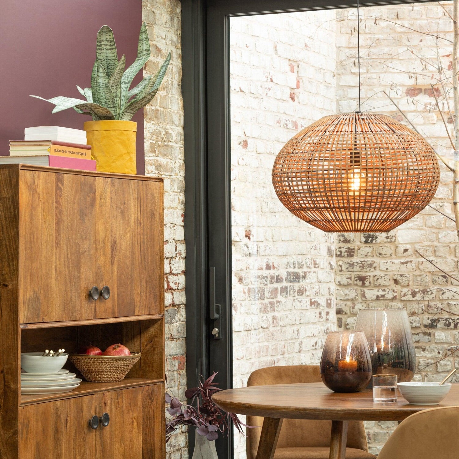 livinglovely.nl - Hanging Lamp Rattan/Metal Brown/Black - Hanglamp - J-Line - livinglovely.nl