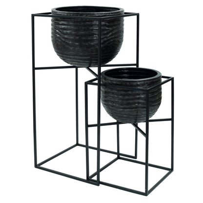 livinglovely.nl - Lesley Black Brush Alu Pot On Black Iron Stand Set van 2 PTMD - Pot - PTMD - livinglovely.nl