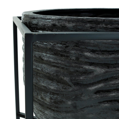 livinglovely.nl - Lesley Black Brush Alu Pot On Black Iron Stand Set van 2 PTMD - Pot - PTMD - livinglovely.nl