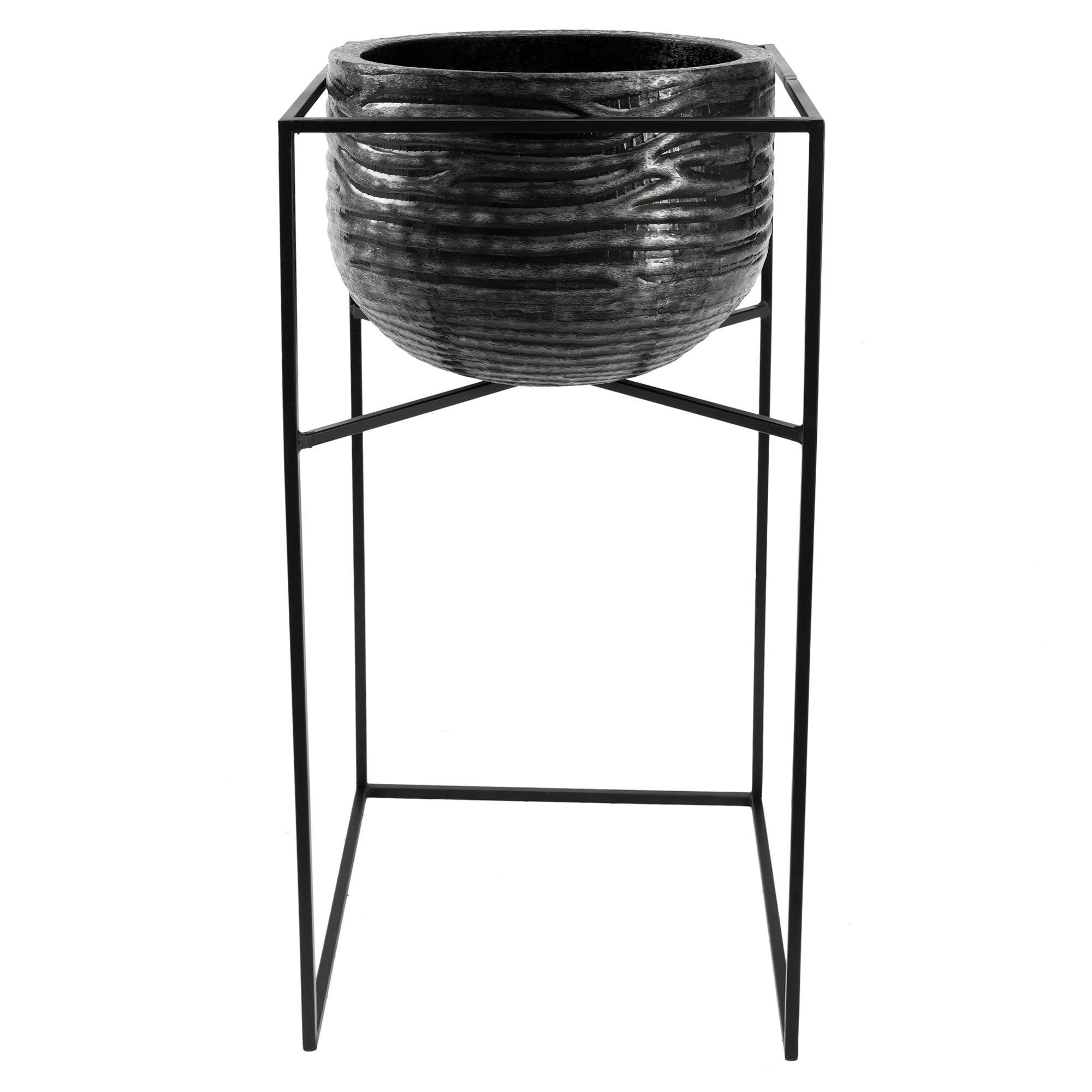 livinglovely.nl - Lesley Black Brush Alu Pot On Black Iron Stand Set van 2 PTMD - Pot - PTMD - livinglovely.nl