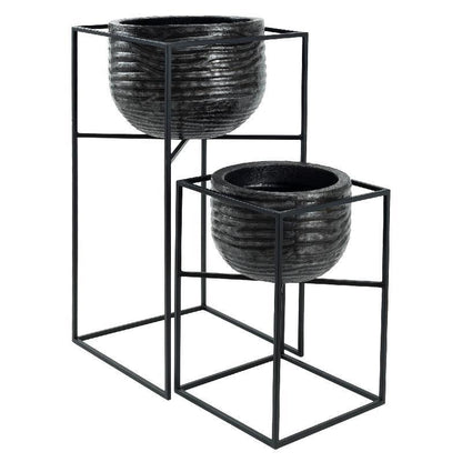 livinglovely.nl - Lesley Black Brush Alu Pot On Black Iron Stand Set van 2 PTMD - Pot - PTMD - livinglovely.nl