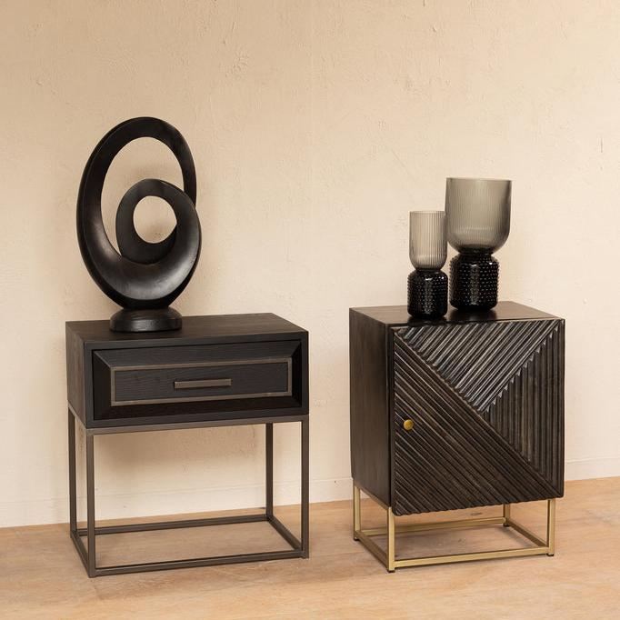 livinglovely.nl - Lixly Black wood iron frame bedside cabinet PTMD - Nachtkastje - PTMD - livinglovely.nl