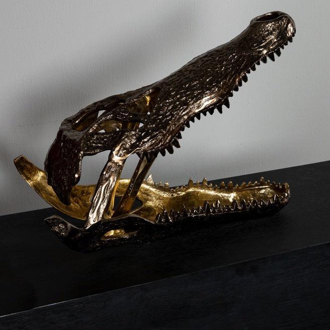 livinglovely.nl - Lizee Brass casted alu crocodile head statue S PTMD - Beeld - PTMD - livinglovely.nl