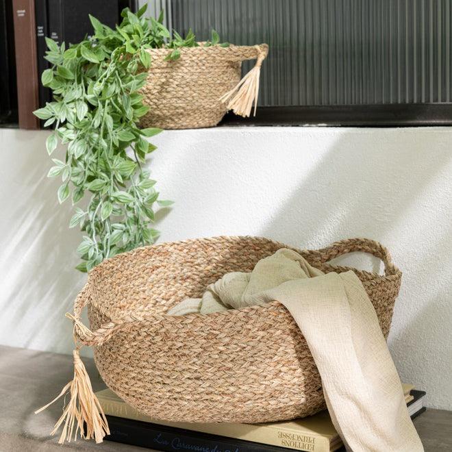 livinglovely.nl - Mand Rond Met Handvat+ Kwast Gras Naturel Set van 3 - Mand - J-Line - livinglovely.nl