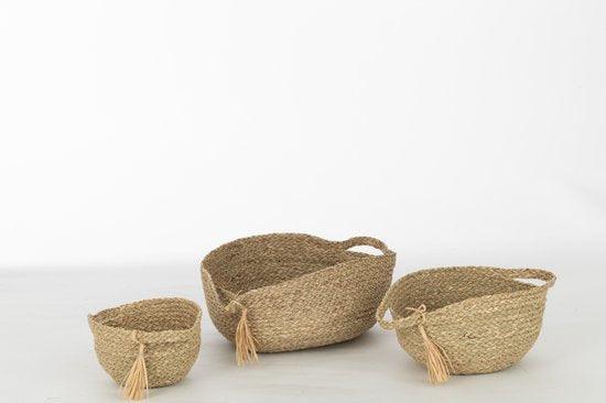 livinglovely.nl - Mand Rond Met Handvat+ Kwast Gras Naturel Set van 3 - Mand - J-Line - livinglovely.nl