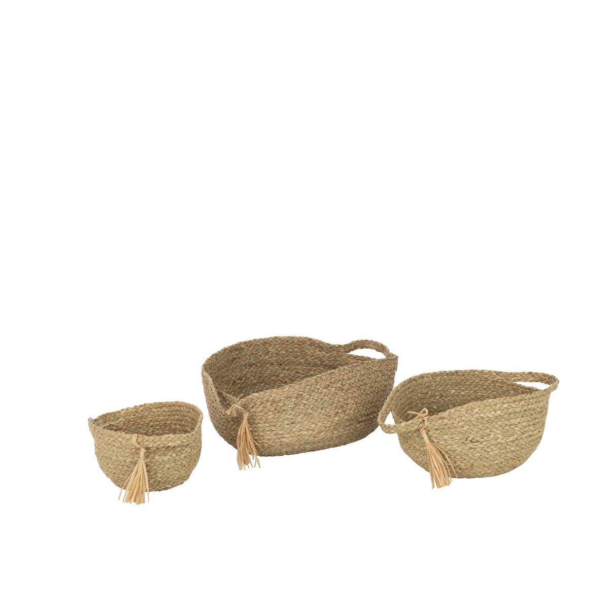 livinglovely.nl - Mand Rond Met Handvat+ Kwast Gras Naturel Set van 3 - Mand - J-Line - livinglovely.nl