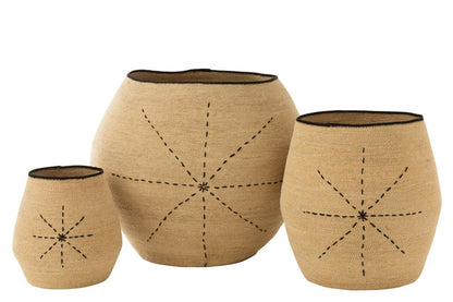 livinglovely.nl - Mand Ster Stippellijnen Zeegras Naturel/Zwart set van 3 - Mand - J-Line - livinglovely.nl