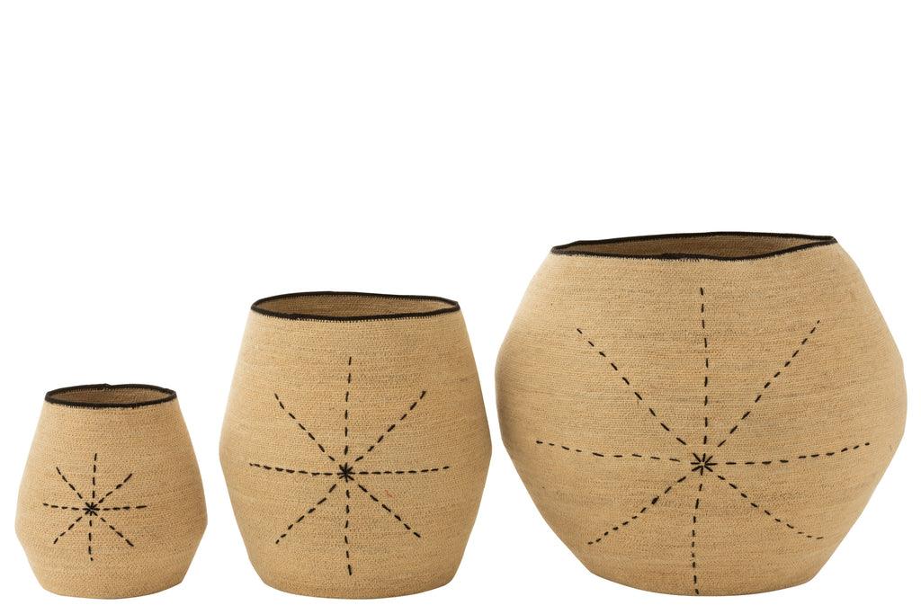 livinglovely.nl - Mand Ster Stippellijnen Zeegras Naturel/Zwart set van 3 - Mand - J-Line - livinglovely.nl