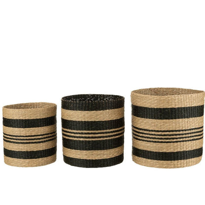 livinglovely.nl - Manden Gestreept Zeegras Zwart Set van 3 - Mand - J-Line - livinglovely.nl