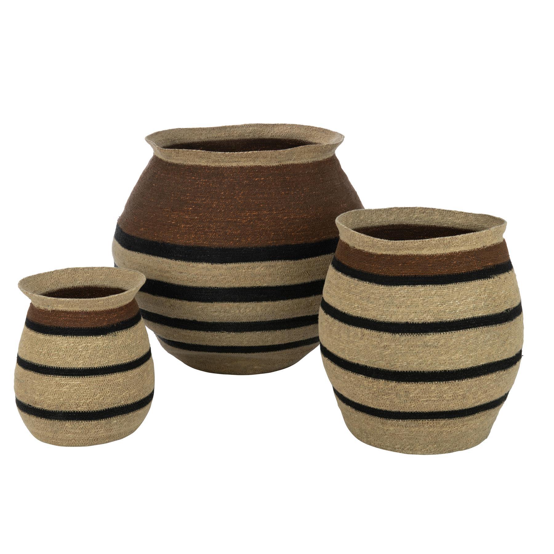 livinglovely.nl - Manden Rond Gestreept Marie Zeegras Bruin Zwart Set van 3 - Mand - J-Line - livinglovely.nl