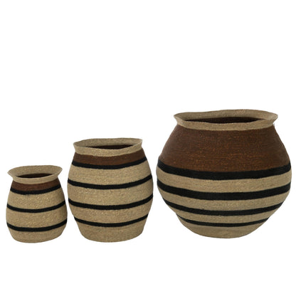 livinglovely.nl - Manden Rond Gestreept Marie Zeegras Bruin Zwart Set van 3 - Mand - J-Line - livinglovely.nl