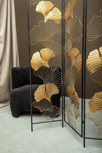 livinglovely.nl - Nadesh Gold metal roomdivider ginkgo leafs rect PTMD - Kamerscherm - PTMD - livinglovely.nl