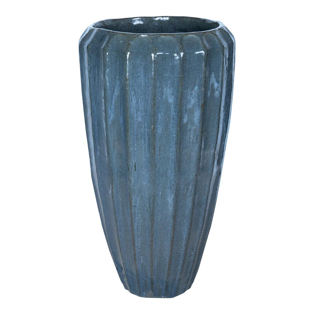 livinglovely.nl - Olver Blue ceramic pot ribbed structure round L PTMD - Pot - PTMD - livinglovely.nl